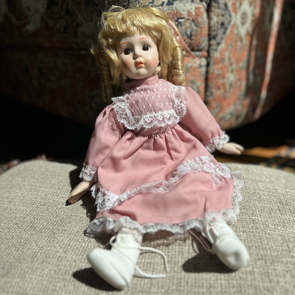 The Heritage Signature Collection Pink Porcelain Doll with Lace Dress